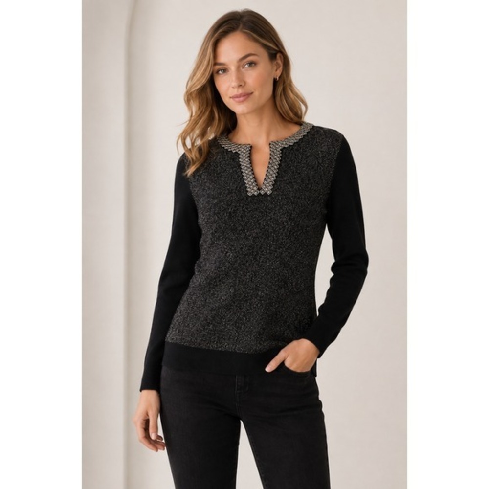 Tory Burch Black Merino Wool Metallic Embellished Neck Sweater XS
